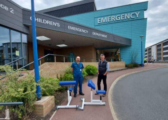 Consultant Dr Ala Mohammed and Paul Marshall with the shoulder bench outside Sunderland Royal Hospital’s Emergency Department.