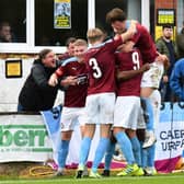 South Shields' players celebrate a goal. Picture by Kev Wilson.