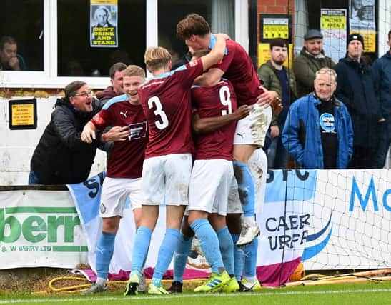 South Shields' players celebrate a goal. Picture by Kev Wilson.