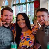Landlady Sinia Jazwi with punters Christopher Harvey and Lewis Courtney