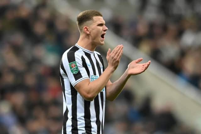 Newcastle player Sven Botman reacts during the Carabao Cup Fourth Round match between Newcastle United and AFC Bournemouth at St James' Park on December 20, 2022 in Newcastle upon Tyne, England. (Photo by Stu Forster/Getty Images)