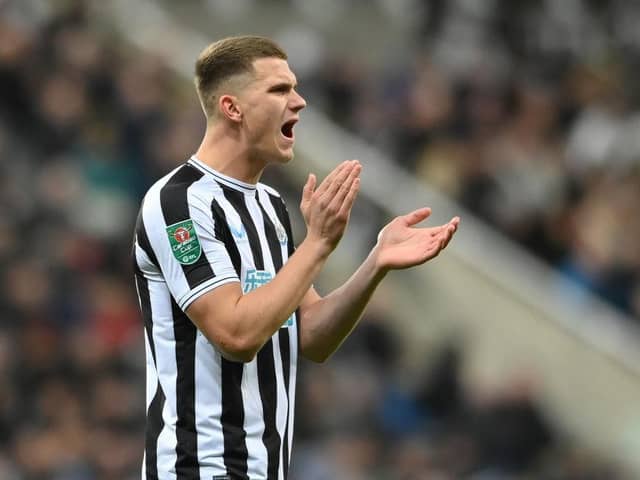 Newcastle player Sven Botman reacts during the Carabao Cup Fourth Round match between Newcastle United and AFC Bournemouth at St James' Park on December 20, 2022 in Newcastle upon Tyne, England. (Photo by Stu Forster/Getty Images)