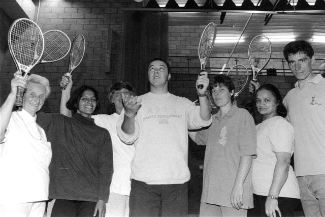 Short Tennis instructor Ken Caryer give some advice on how to hold the racquet to Betty Butcher at the start of the new course held at the Mill House Leisure Centre. Also pictured are course members Eva Armstrong, Rachael Mowe, Carole Johnson, Dave Glass and Rohini Vyas.