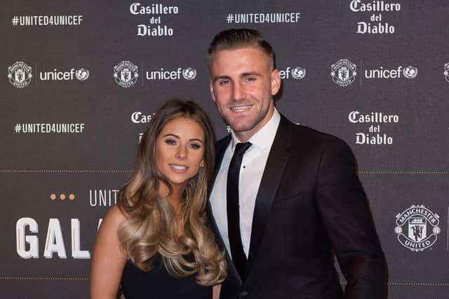 Luke Shaw and Anouska Santos attending a gala dinner at Old Trafford in Manchester.