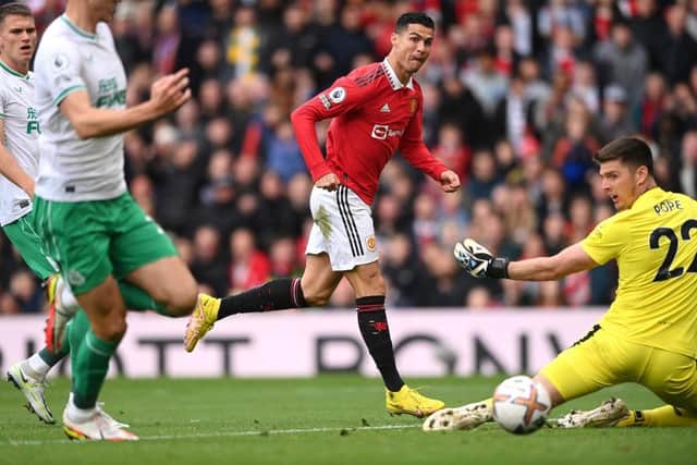 Manchester United striker Cristiano Ronaldo shoots past Nick Pope but the goal is disallowed during the Premier League match between Manchester United and Newcastle United at Old Trafford on October 16, 2022 in Manchester, England. (Photo by Stu Forster/Getty Images)