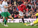 Manchester United striker Cristiano Ronaldo shoots past Nick Pope but the goal is disallowed during the Premier League match between Manchester United and Newcastle United at Old Trafford on October 16, 2022 in Manchester, England. (Photo by Stu Forster/Getty Images)