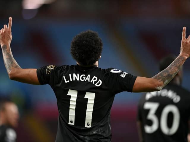 Jesse Lingard of West Ham United celebrates after scoring his team's third goal during the Premier League match between Aston Villa and West Ham United at Villa Park on February 03, 2021 (Photo by Shaun Botterill/Getty Images)