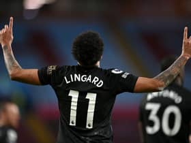 Jesse Lingard of West Ham United celebrates after scoring his team's third goal during the Premier League match between Aston Villa and West Ham United at Villa Park on February 03, 2021 (Photo by Shaun Botterill/Getty Images)