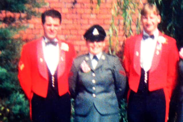Denise Kidger with her late brother Stephen Kidger from the 2nd Battalion, Royal Regiment of Fusiliers (right), photographed with their uncle Mark Kidger, from the same battalion, at a family wedding. Picture by Frank Reid.