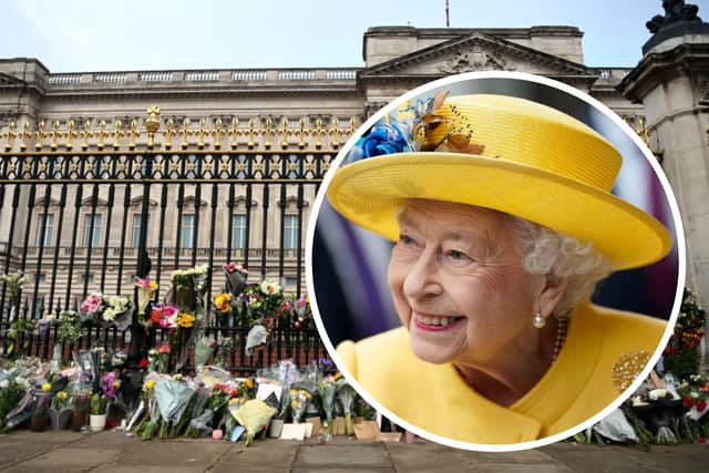 Queen Elizabeth II has died at the age of 96. Tributes are being paid across the world, with flowers and other tokens left in various locations. Pictures: Getty Images.