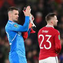Tom Heaton of Manchester United acknowledges the fans after the Carabao Cup Semi Final 2nd Leg match between Manchester United and Nottingham Forest at Old Trafford on February 01, 2023 in Manchester, England. (Photo by Michael Regan/Getty Images)