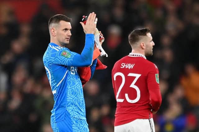 Tom Heaton of Manchester United acknowledges the fans after the Carabao Cup Semi Final 2nd Leg match between Manchester United and Nottingham Forest at Old Trafford on February 01, 2023 in Manchester, England. (Photo by Michael Regan/Getty Images)