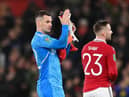 Tom Heaton of Manchester United acknowledges the fans after the Carabao Cup Semi Final 2nd Leg match between Manchester United and Nottingham Forest at Old Trafford on February 01, 2023 in Manchester, England. (Photo by Michael Regan/Getty Images)