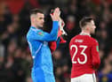 Tom Heaton of Manchester United acknowledges the fans after the Carabao Cup Semi Final 2nd Leg match between Manchester United and Nottingham Forest at Old Trafford on February 01, 2023 in Manchester, England. (Photo by Michael Regan/Getty Images)