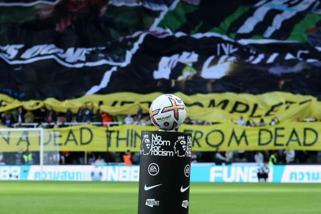 A detailed view of the Nike Flight Premier League match ball on the 'No Room For Racism' match ball plinth prior to the Premier League match between Newcastle United and Brentford FC at St. James Park on October 08, 2022 in Newcastle upon Tyne, England. (Photo by Ian MacNicol/Getty Images)