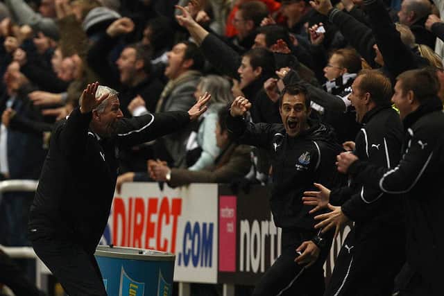 Newcastle manager Alan Pardew celebrates the equaliser during the Barclays Premier League match between Newcastle United and Arsenal at St James' Park on February 5, 2011 in Newcastle upon Tyne, England. (Photo by Richard Heathcote/Getty Images)