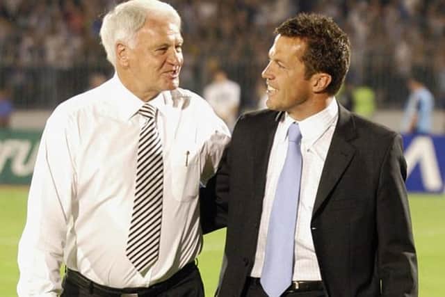 Sir Bobby Robson and Partian Belgrade manager  Lothar Matthaus in Belgrade.