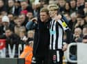 Eddie Howe, Manager of Newcastle United, interacts with Anthony Gordon of Newcastle United during the Premier League match between Newcastle United and West Ham United at St. James Park on February 04, 2023 in Newcastle upon Tyne, England. (Photo by Ian MacNicol/Getty Images)