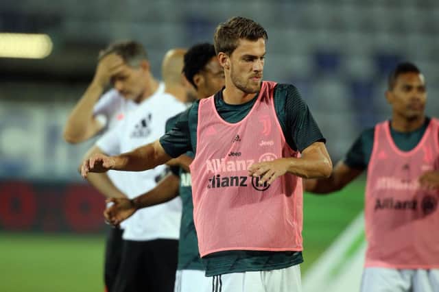 CAGLIARI, ITALY - JULY 29: Daniele Rugani of Juventus warms up prior the Serie A match between Cagliari Calcio and  Juventus at Sardegna Arena on July 29, 2020 in Cagliari, Italy.  (Photo by Enrico Locci/Getty Images)