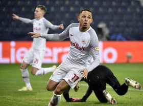 Salzburg's Swiss midfielder Noah Okafor celebrates after scoring a goal during the UEFA Champions League Group G football match RB Salzburg v Sevilla in Salzburg, Austria on December 8, 2021. - Austria OUT (Photo by HANS PUNZ / APA / AFP) / Austria OUT (Photo by HANS PUNZ/APA/AFP via Getty Images)