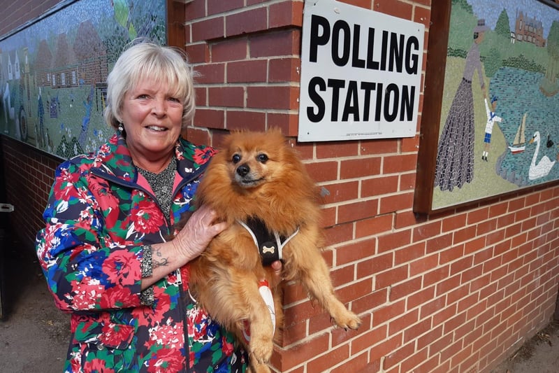 Janice Bramley with dog Cody outside the polling station at Ward Jackson Park.