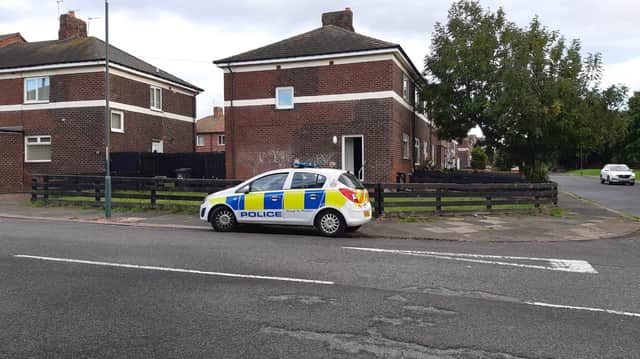 A police car in Brownlow Road, South Shields, as investigations continue into a gun being fired at an address in the street.