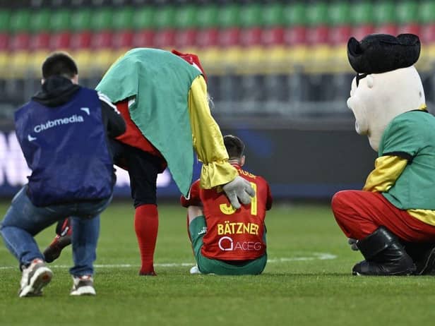 Oostende's Nick Batzner looks dejected after losing a soccer match between KV Oostende and OH Leuven, Saturday 15 April 2023 in Oostende, on day 33 of the 2022-2023 'Jupiler Pro League' first division of the Belgian championships. (Photo by JOHAN EYCKENS / BELGA MAG / Belga via AFP)