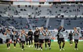 Newcastle United's players thank the fans after the English Premier League football match between Burnley and Liverpool at Turf Moor in Burnley, north west England on May 19, 2021. - Newcastle won the game 1-0.