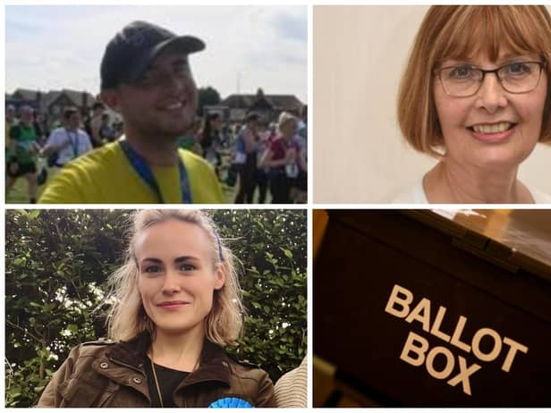 Clockwise from top left: Edward Littley (Green Party), Joyce Welsh (Labour and Co-operative Party) and Heidi Wildhirt (Conservative Party).