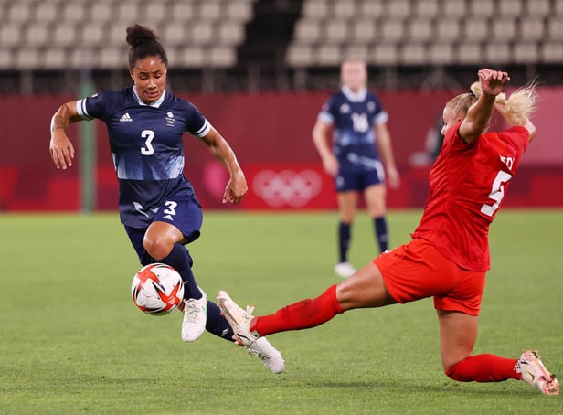 Demi Stokes of Team GB is challenged by Adriana Leon of Team Canada during the Women's Group E match on day four of the Tokyo 2020 Olympic Games at Kashima Stadium on July 27, 2021 in Kashima, Ibaraki, Japan. (Photo by Atsushi Tomura/Getty Images)