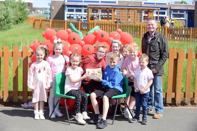 Pupils at Fellgate Primary had a strawberry tea afternoon to honour Alison Thompson, with Fellgate and Hedworth councillor Jay Potts attending. Picture by Stu Norton.
