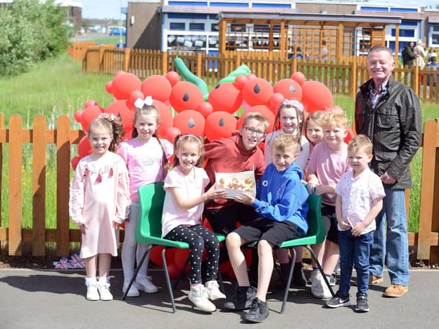 Pupils at Fellgate Primary had a strawberry tea afternoon to honour Alison Thompson, with Fellgate and Hedworth councillor Jay Potts attending. Picture by Stu Norton.