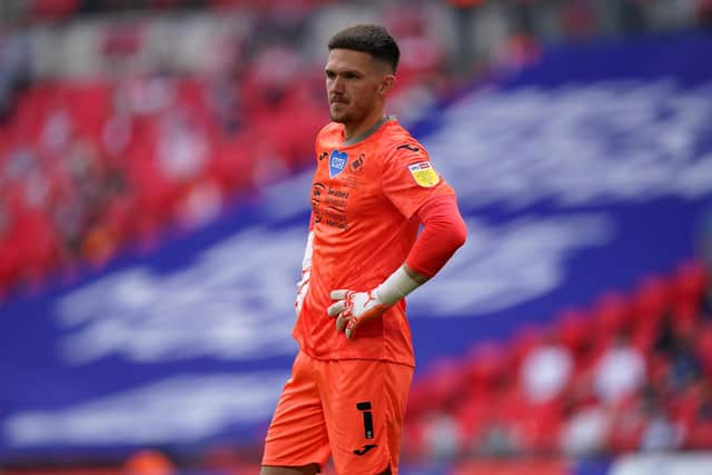 Freddie Woodman playing for Swansea City in last year's play-off final.