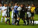 MARSEILLE, FRANCE - MAY 6:  Shay Given of Newcastle United tries to stop the melee as Marseille players argue with Lee Bowyer after his tackle during the UEFA Cup Semi-Final, Second Leg match between Olympique De Marseille and Newcastle United at the Stade Velodrome on May 6, 2004 in Marseille, France. (Photo by Christopher Lee/Getty Images)