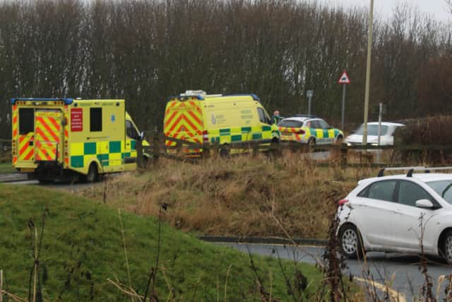 Ambulance service vehicles were pictured at the scene on Tuesday. Picture: Adam Reid.