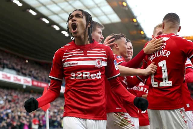 MIDDLESBROUGH, ENGLAND - JANUARY 05: Djed Spence of Middlesbrough celebrates his team's first goal during the FA Cup Third Round match between Middlesbrough and Tottenham Hotspur at Riverside Stadium on January 05, 2020 in Middlesbrough, England. (Photo by Alex Livesey/Getty Images)
