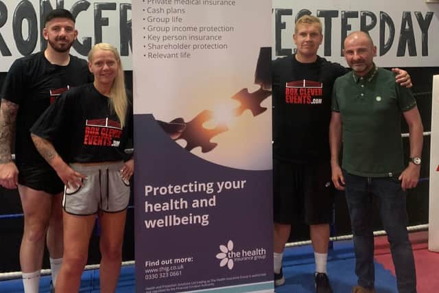 Box Clever's forthcoming show is being sponsored by The Health Insurance Group. Left: Coaches Steve Graham and Michelle Robinson with founder Chris Goodall (back right) and Adam Brown, employee benefit specialist at The Health Insurance Group.
