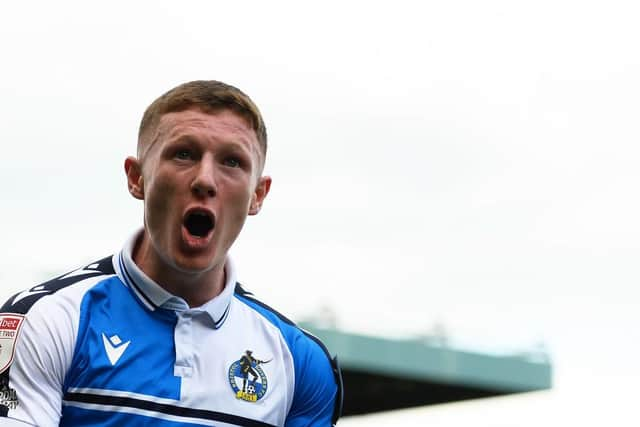 Elliot Anderson of Bristol Rovers celebrates their sides seventh goal during the Sky Bet League Two match between Bristol Rovers and Scunthorpe United at Memorial Stadium on May 07, 2022 in Bristol, England. (Photo by Harry Trump/Getty Images)