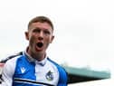Elliot Anderson of Bristol Rovers celebrates their sides seventh goal during the Sky Bet League Two match between Bristol Rovers and Scunthorpe United at Memorial Stadium on May 07, 2022 in Bristol, England. (Photo by Harry Trump/Getty Images)