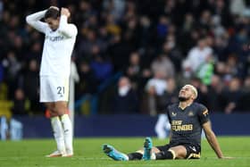 Joelinton breaks down at Elland Road with a groin problem.