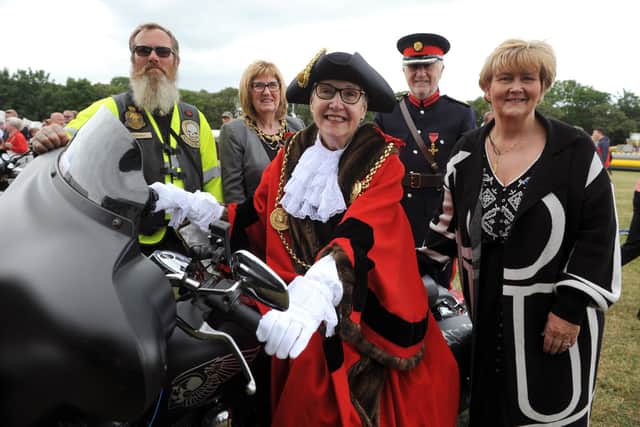 South Tyneside Armed Forces Day attended by the Mayor Cllr Pat Hay, Mayoress Mrs Jean Copp, Deputy Lord Lieutenant Barry Speker, Badlanders Motorcycle Club Chairman Stuart Rogerson, and Council Leader Cllr Tracey Dixon, at Bents Park, South Shields.