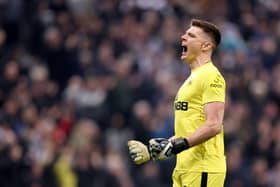 Nick Pope of Newcastle United celebrates after their side scored their first goal during the Premier League match between Newcastle United and Chelsea FC at St. James Park on November 12, 2022 in Newcastle upon Tyne, England. (Photo by George Wood/Getty Images)