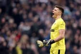 Nick Pope of Newcastle United celebrates after their side scored their first goal during the Premier League match between Newcastle United and Chelsea FC at St. James Park on November 12, 2022 in Newcastle upon Tyne, England. (Photo by George Wood/Getty Images)