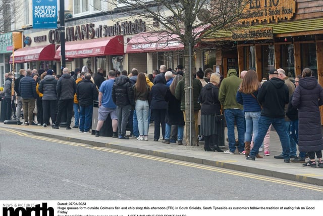 Huge queues form outside Colmans fish and chip shop this afternoon (FRI) in South Shields, South Tyneside as customers follow the tradition of eating fish on Good Friday.