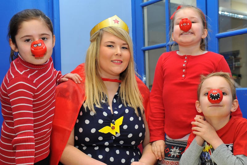 Seaton Carew Holy Trinity Junior School Year 2 teacher Jade Jepson with pupils (left to right) Emily Swales, Millie Andrews and Charlie Edwards. Who remembers this 2013 Comic Relief event?