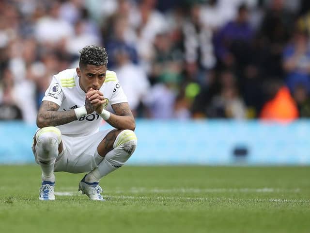 Raphinha of Leeds United reacts during the Premier League match between Leeds United and Brighton & Hove Albion at Elland Road on May 15, 2022 in Leeds, England. (Photo by George Wood/Getty Images)