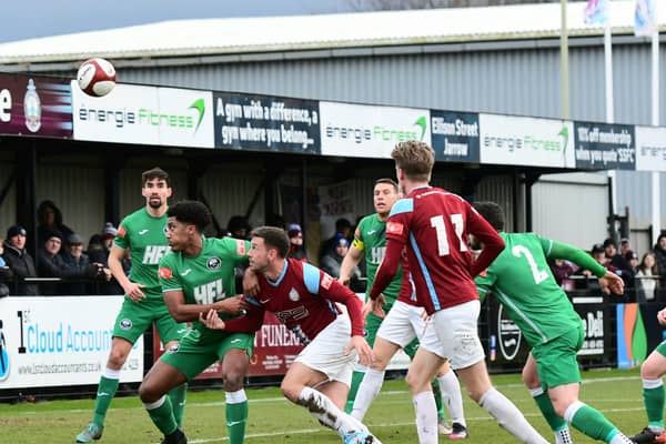 Nathan Lowe marked his 100th appearance for South Shields with the winning goal as the Mariners got the better of a spirited Atherton Collieries side at 1st Cloud Arena. Picture by Kev Wilson.