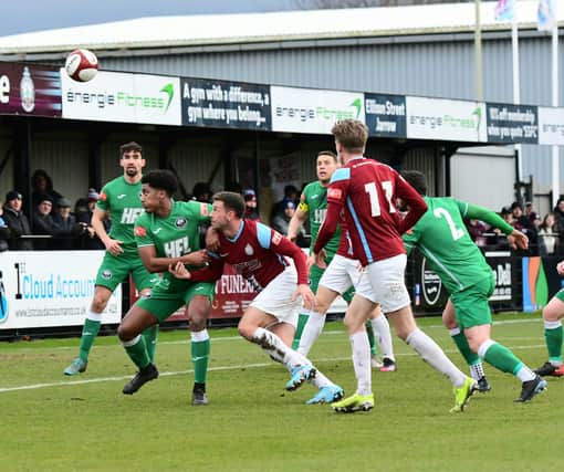Nathan Lowe marked his 100th appearance for South Shields with the winning goal as the Mariners got the better of a spirited Atherton Collieries side at 1st Cloud Arena. Picture by Kev Wilson.