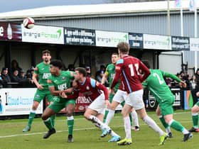 Nathan Lowe marked his 100th appearance for South Shields with the winning goal as the Mariners got the better of a spirited Atherton Collieries side at 1st Cloud Arena. Picture by Kev Wilson.