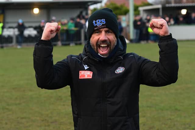South Shields boss Kevin Phillips celebrates. Picture by Kev Wilson.